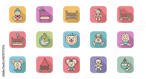 Collection of baby themed icons including cribs, toys, and baby in pastel colors with long shadows design on transparent background