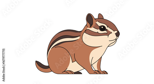 Illustration of a chipmunk with brown fur and black stripes standing on a white background looking right on transparent background