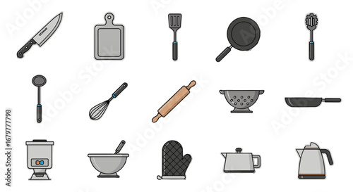 Illustration of kitchen utensils and cooking tools including knife, pan, kettle, and mixing bowl set up on transparent background