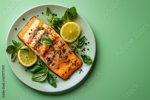 Fish steak with lemons on a green plate photo for advertising