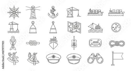 Outlined nautical icons featuring a ship wheel, lighthouse, anchor, crane, ship, map, and other marine elements on transparent background
