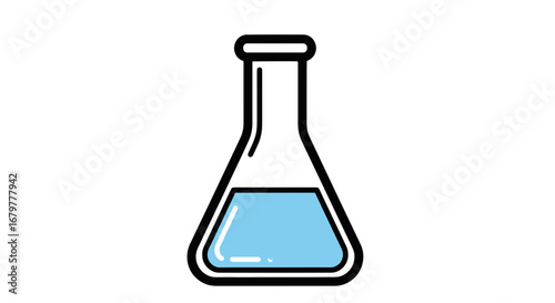 Illustration of a conical flask filled with blue liquid on a white background in a simple vector style on transparent background