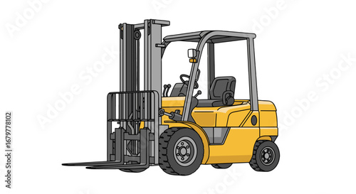 Illustration of a yellow forklift with a gray frame and black tires on a white background view from side on transparent background