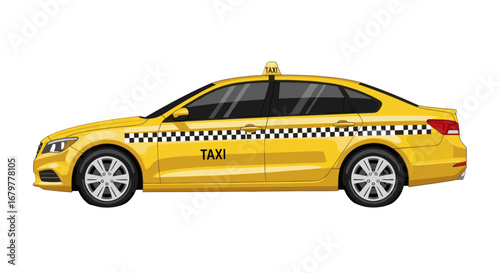 Side view of a yellow taxi car with black and white checkered pattern and taxi sign on top and side, isolated on transparent background