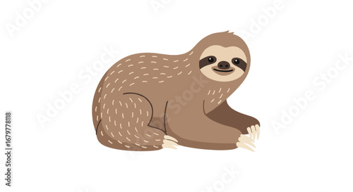 Illustration of a cute brown sloth with darker spots sitting down and smiling on a white background scene on transparent background