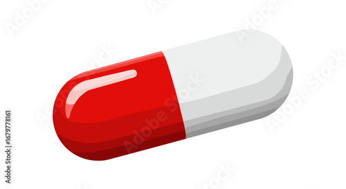A single red and white capsule pill lying horizontally on a white background in a medical context view on transparent background