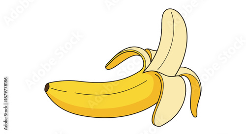 A drawing of a partly peeled banana with a yellow fruit and a light yellow peel on a white background on transparent background