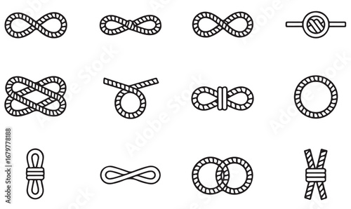 Minimalist outline rope knot collection featuring bowline, figure eight, reef knot, and camping survival symbols