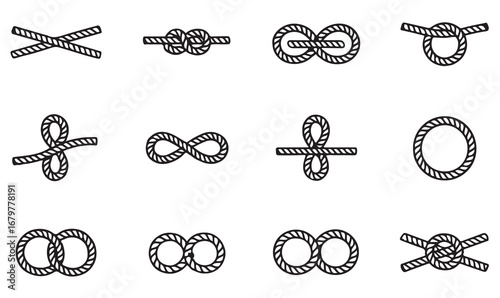 Black line rope tying icons set for sailing, boating, climbing, outdoor adventure, and marine survival training