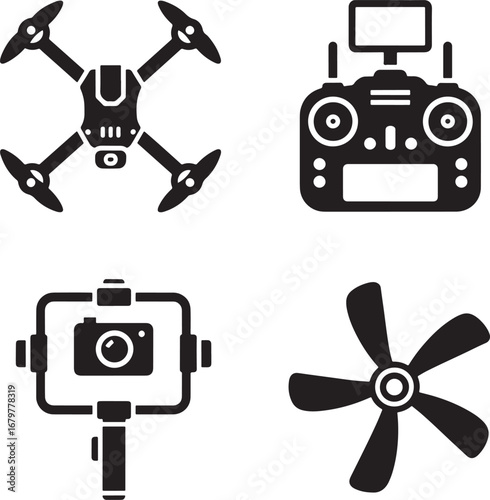 Drone technology illustration with remote controller gimbal and spare propeller showcasing unmanned aerial vehicle