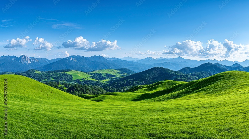 Fototapeta premium Expansive panoramic view of lush green hills and distant mountain ranges under a clear blue sky with fluffy clouds
