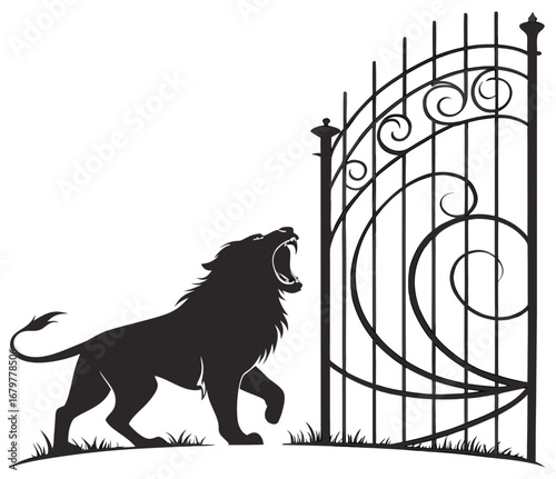 Lion roaring at spiral gate silhouette