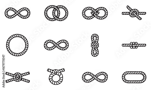 Rope knot vector illustration set including bowline, figure eight, reef, loop, and tying symbols in minimalist line style
