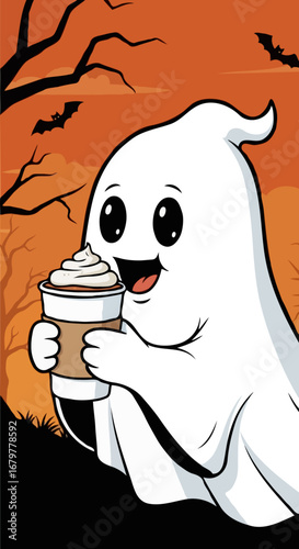 Playful drawing of a ghost sipping pumpkin spice latte