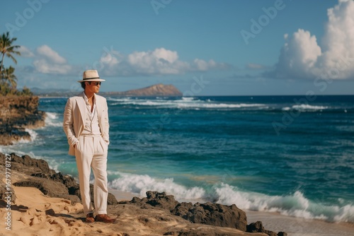 Man in white suit and white hat on the ocean shore on a sunny day