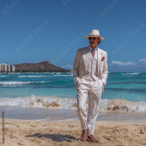 Man in white suit and hat on the ocean shore summer day