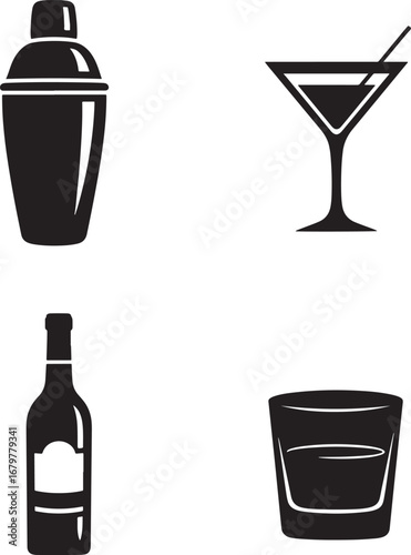 Elegant black and white illustration showcasing a cocktail shaker martini glass whiskey and wine bottle