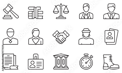 Minimalist outline vector icons showing legal system, law enforcement, trial, attorney, and justice concepts