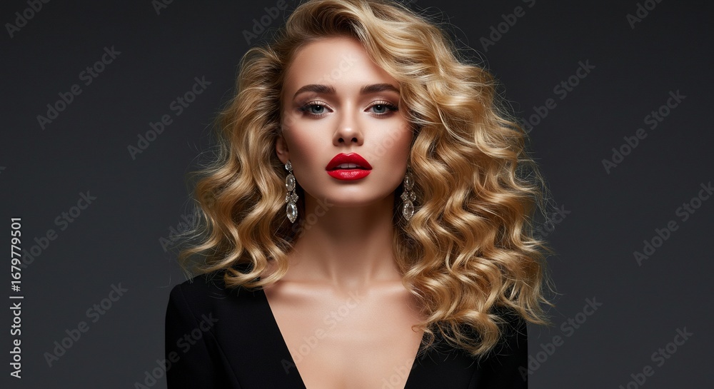 Fototapeta premium Close up portrait of a young pretty woman with beautiful curly fair hair and bright makeup on a dark background.