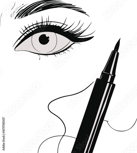 Hand-drawn line art eye with eyeliner pen, abstract minimal cosmetic vector