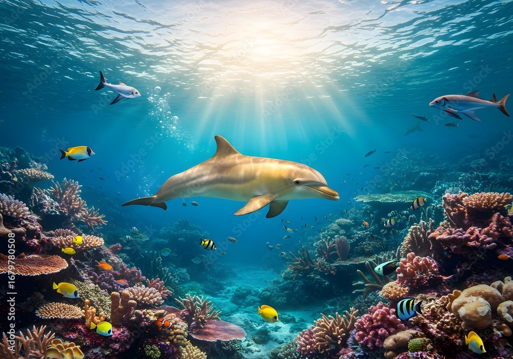 Fototapeta premium Stunning Underwater Scene Dolphin, Fish, and Coral Reef in Turquoise Ocean with Sunlight.