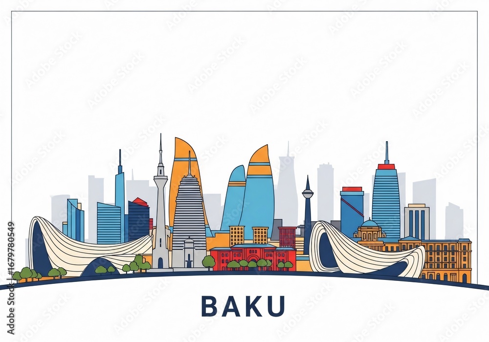 Obraz premium Colorful Baku City Skyline Vector Illustration Isolated on White Background