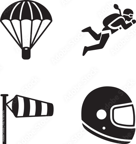 Extreme sports icons featuring skydiving equipment safety gear and windsock vector illustration