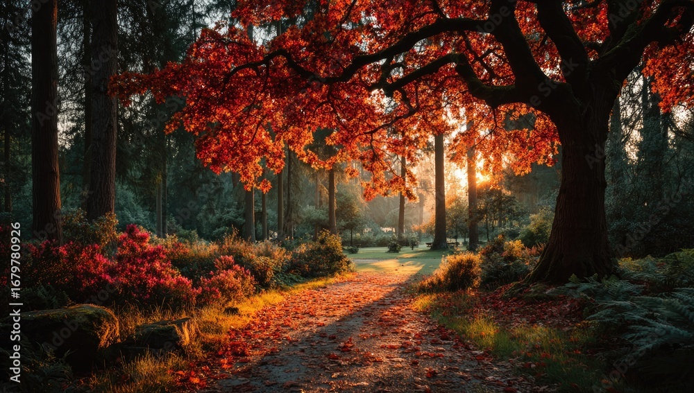 Naklejka premium Autumnal forest path bathed in golden sunlight. Red foliage drapes over a gravel path, leading into a tranquil woodland scene. Sunlight filters through the trees, casting warm shadows.