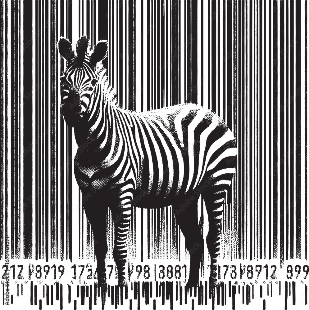 Obraz premium Conceptual Zebra Silhouette Against a Barcode Background Suggesting Identity and Data
