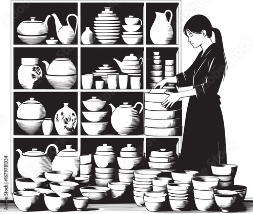A woman meticulously arranges handmade pottery on shelves in a m