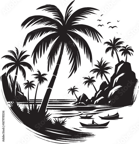 Minimalist Tropical Escape Sumi-e Illustration with Palm Trees a