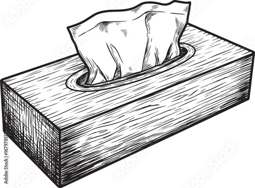 Monochrome woodcut illustration showcasing a tissue box on a whi