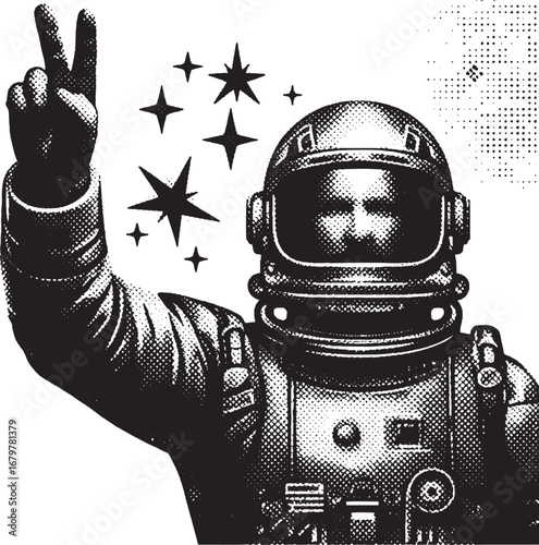 Astronaut Giving Peace Sign in Space with Starry Background, Retro Black and White Illustration