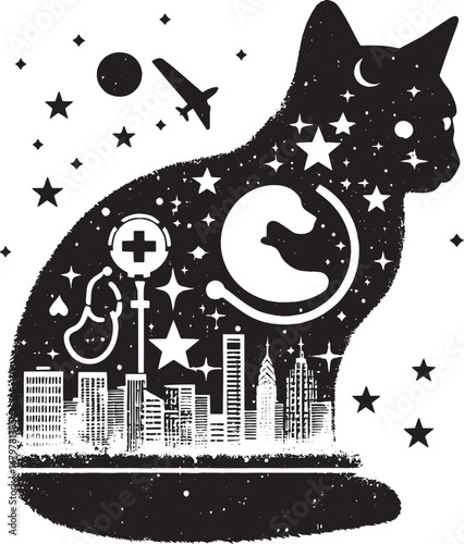 Artistic Silhouette of a Cat with Cityscape, Medical Symbols, and Celestial Elements