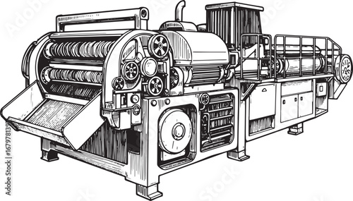 Detailed black and white woodcut style illustration of an indust