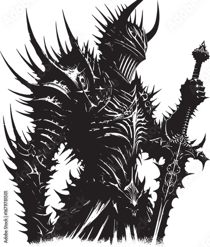 Intricate Black and White Illustration of a Spiked Armored Knight Holding a Sword