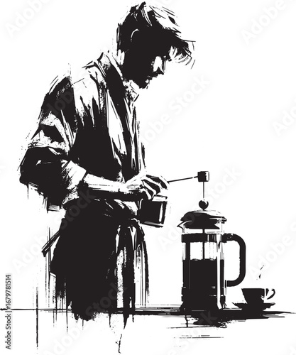 Monochrome Sumi-e Illustration of a Man Brewing Coffee with a Fr