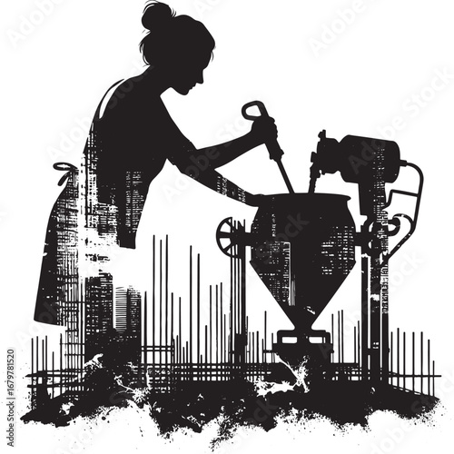 Silhouette of a Woman Mixing Concrete with Construction Equipment on a Building Site