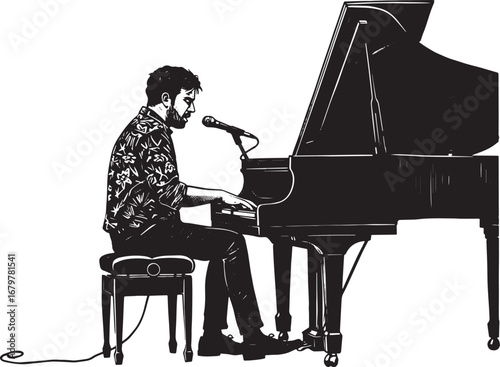 Monochrome symphony: A lone musician at his grand piano in illus
