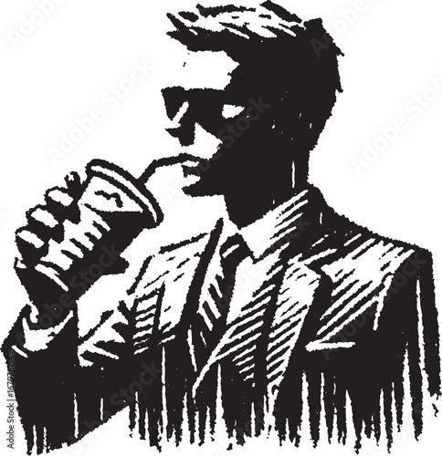 Silhouette of a stylish man enjoying a beverage in a cup with a straw, black and white graphic