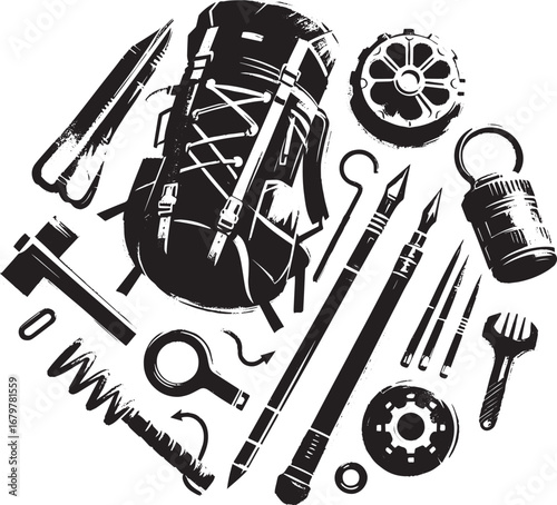 Minimalist sumi-e style trekking gear icon featuring a brush str