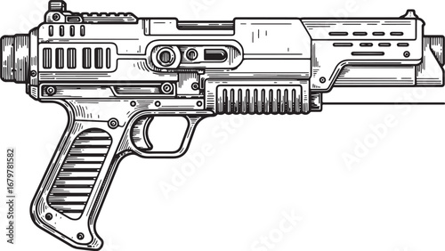 Detailed Woodcut Illustration of Futuristic Laser Gun with Red B