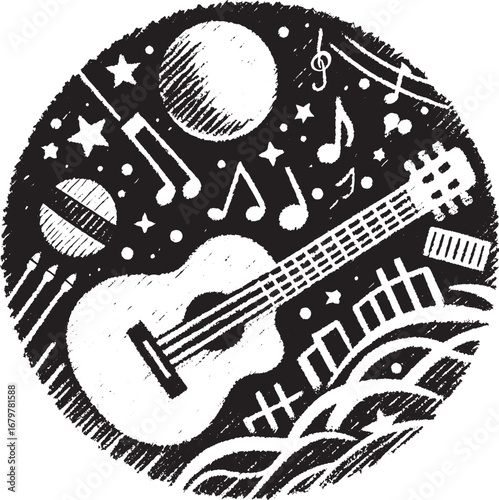 Creative Illustration of a Guitar with Musical Notes, Stars, and Celestial Elements in Black and