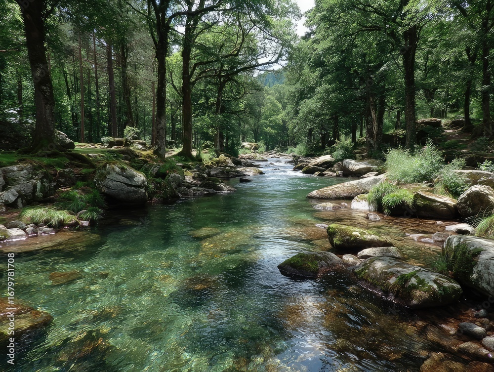 Fototapeta premium Crystal-clear river winds through a lush forest. Sunlight filters through trees