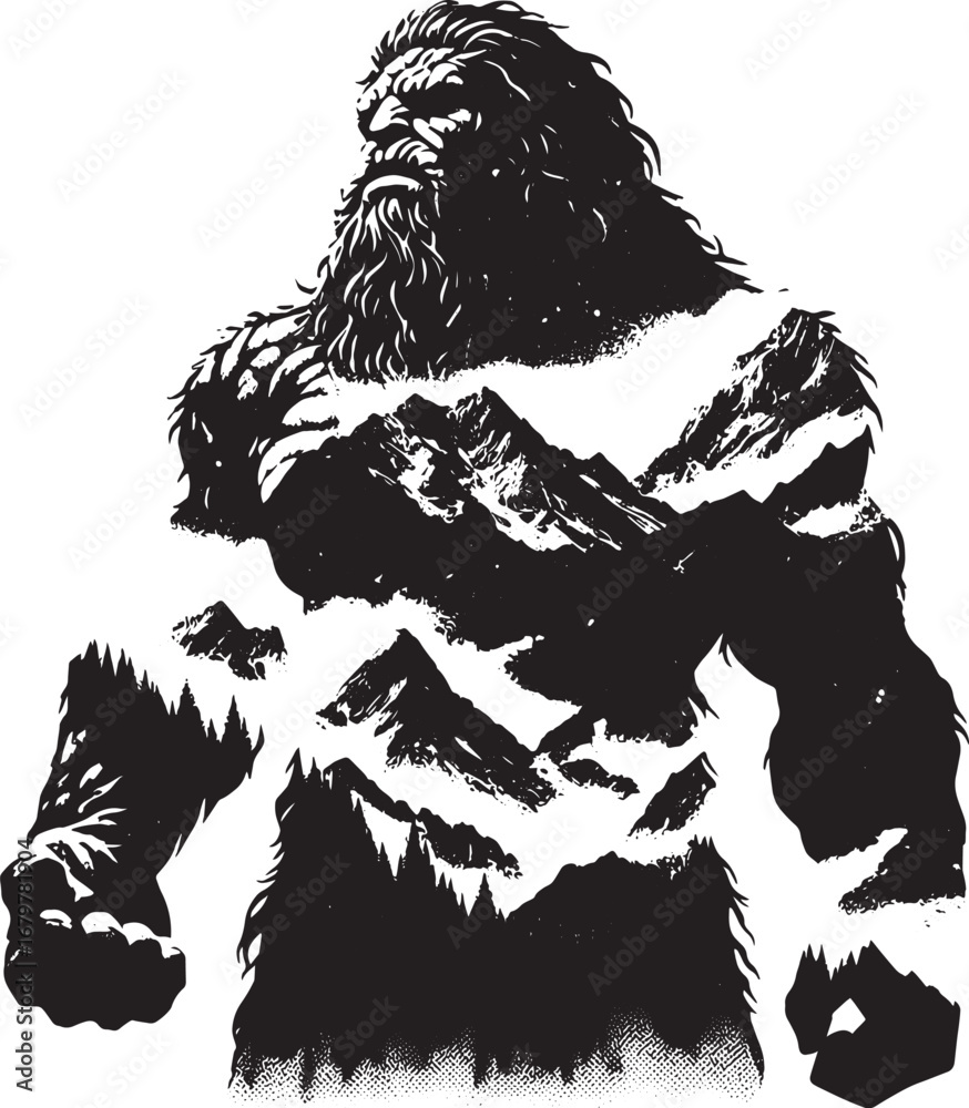 Naklejka premium An Artistic Depiction of Bigfoot with a Mountain Range Landscape in its Body