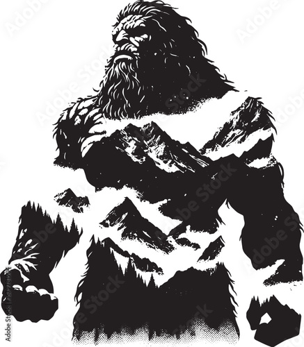 An Artistic Depiction of Bigfoot with a Mountain Range Landscape in its Body