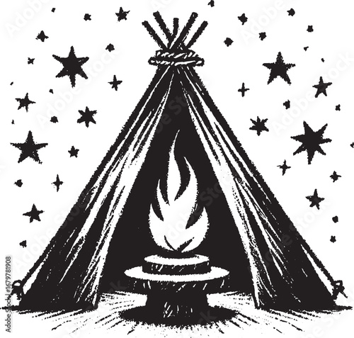 Black and white illustration of a campfire inside a teepee under a starry night scene