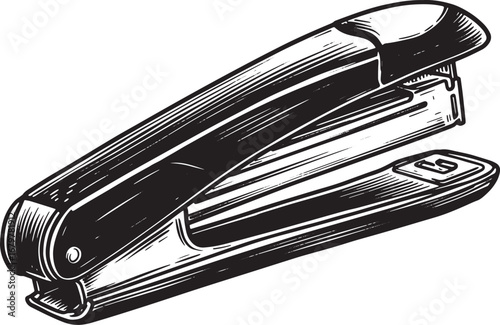 Detailed Woodcut Style Illustration of a Stapler on a Plain Whit