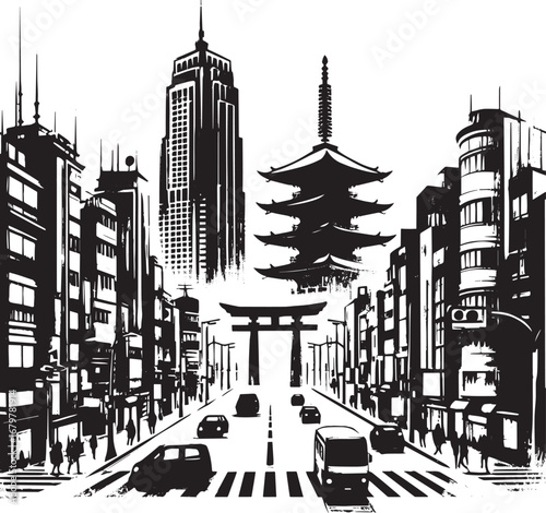 Abstract urban panorama with sumi-e elements, capturing a minima