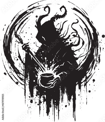 Abstract depiction of a sorcerer brewing magic in minimalist sum